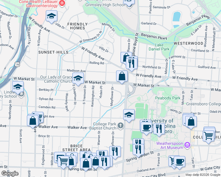 map of restaurants, bars, coffee shops, grocery stores, and more near 1715 West Market Street in Greensboro