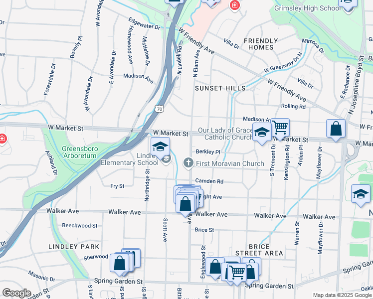 map of restaurants, bars, coffee shops, grocery stores, and more near 110 South Elam Avenue in Greensboro