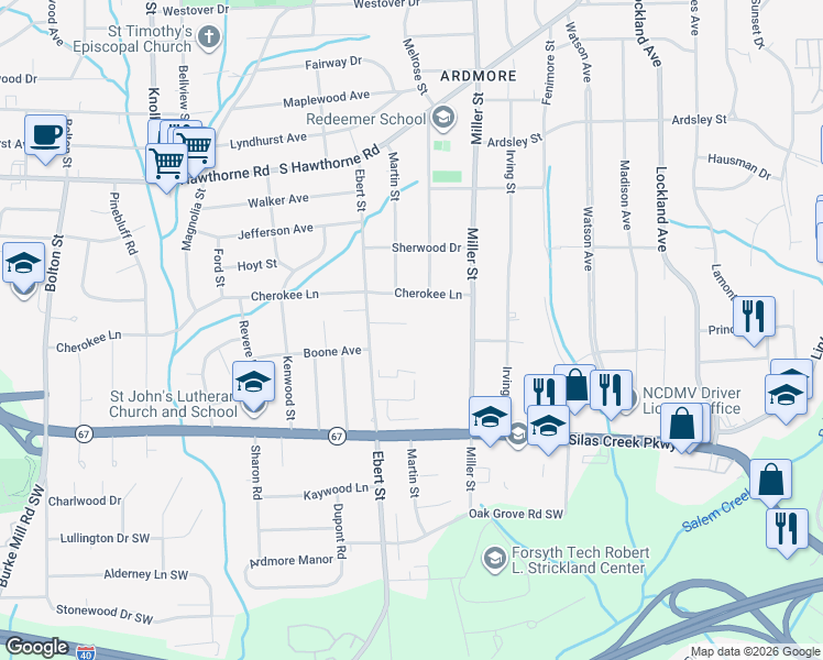 map of restaurants, bars, coffee shops, grocery stores, and more near 160 Millers Crossing Court in Winston-Salem