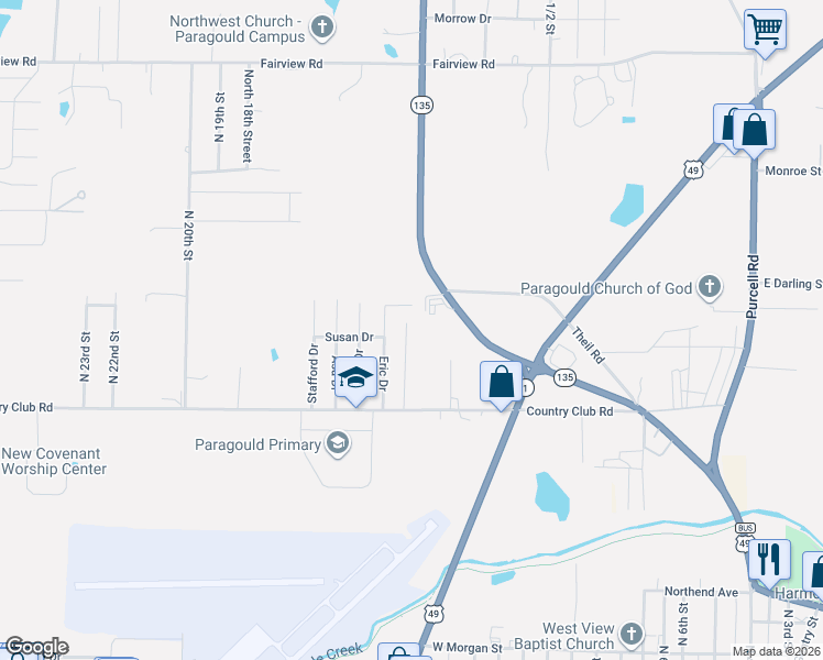 map of restaurants, bars, coffee shops, grocery stores, and more near 1403 Amanda Lane in Paragould