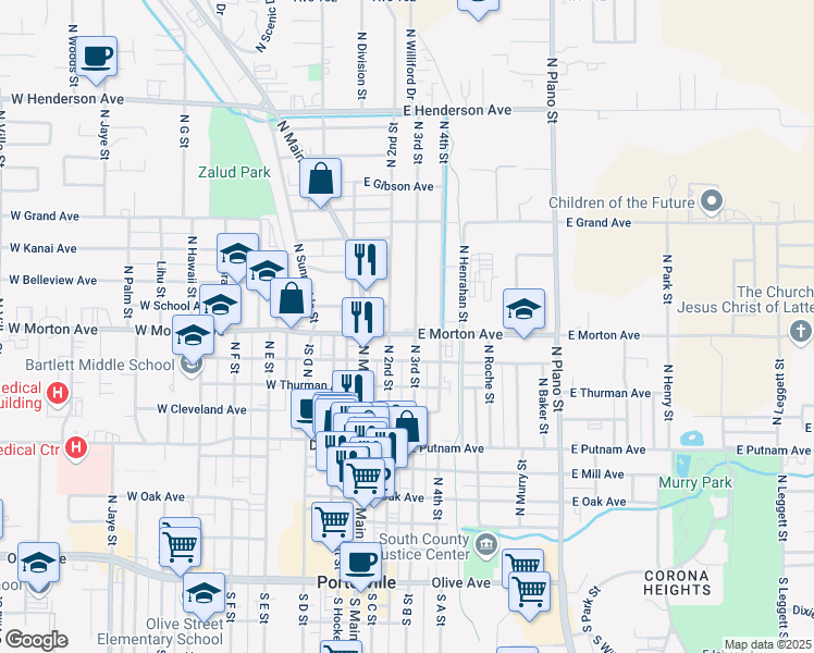 map of restaurants, bars, coffee shops, grocery stores, and more near 90 East Morton Avenue in Porterville