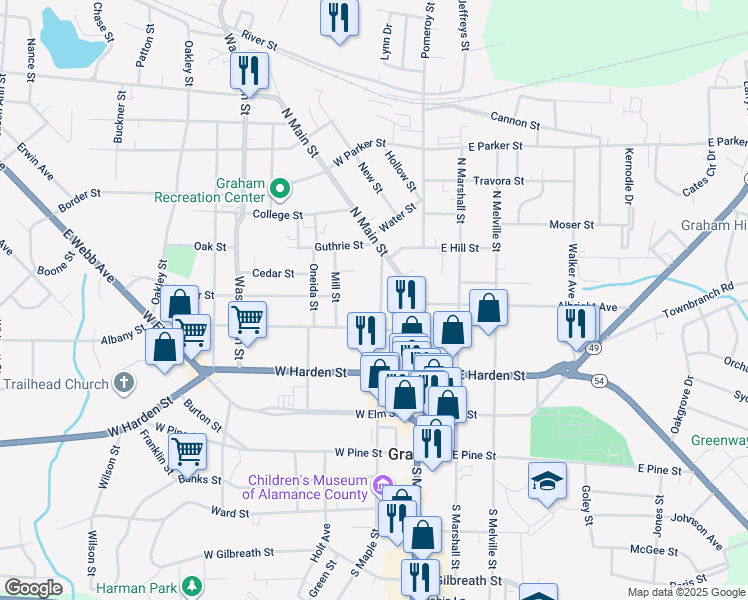 map of restaurants, bars, coffee shops, grocery stores, and more near 312 North Maple Street in Graham