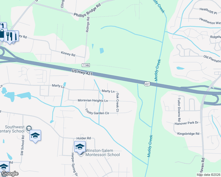 map of restaurants, bars, coffee shops, grocery stores, and more near 5565 Marty Lane in Clemmons
