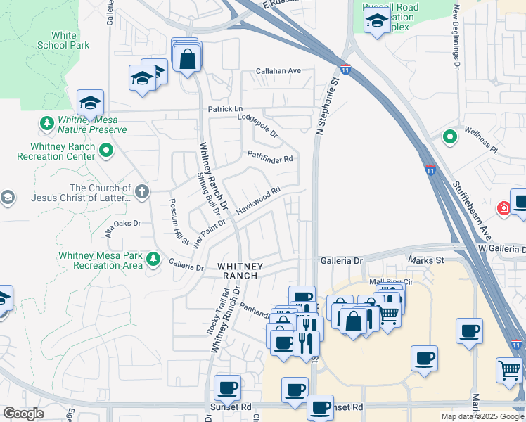 map of restaurants, bars, coffee shops, grocery stores, and more near 1482 La Brea Road in Henderson