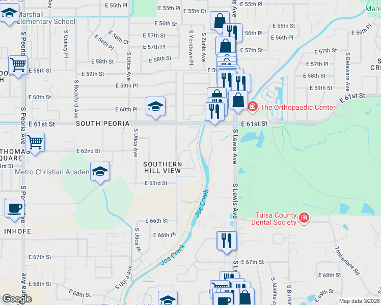 map of restaurants, bars, coffee shops, grocery stores, and more near 6215 South Yorktown Place in Tulsa