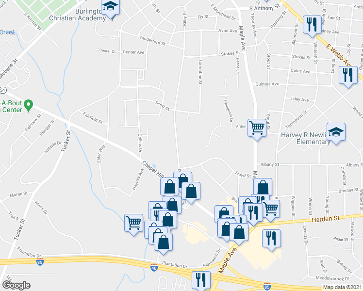 map of restaurants, bars, coffee shops, grocery stores, and more near 1342 Kilby Street in Burlington