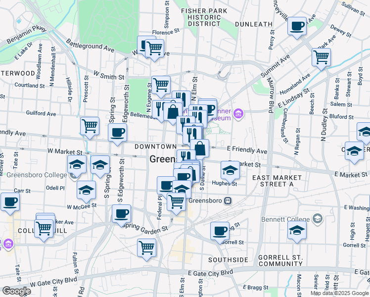 map of restaurants, bars, coffee shops, grocery stores, and more near 113 West Friendly Avenue in Greensboro