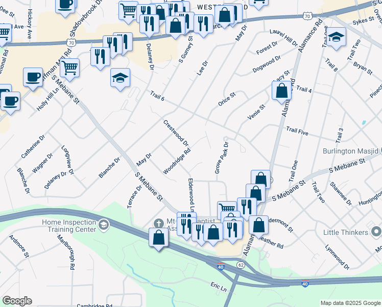 map of restaurants, bars, coffee shops, grocery stores, and more near 2400 Woodridge Road in Burlington