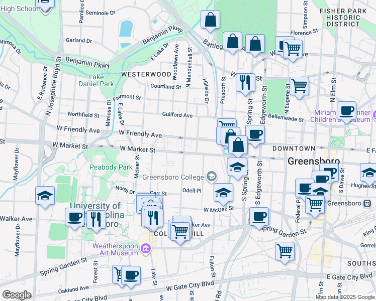 map of restaurants, bars, coffee shops, grocery stores, and more near 906 West Market Street in Greensboro