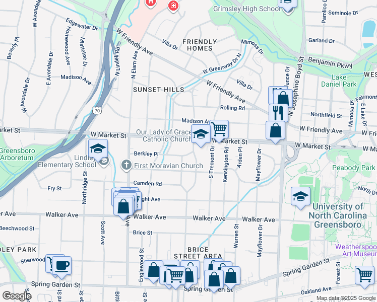 map of restaurants, bars, coffee shops, grocery stores, and more near 106 South Chapman Street in Greensboro