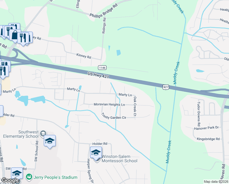 map of restaurants, bars, coffee shops, grocery stores, and more near 1481 Banbury Circle in Clemmons