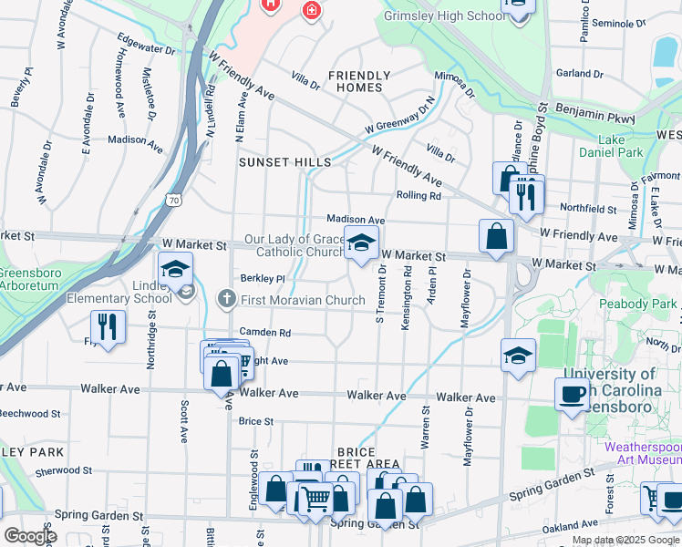 map of restaurants, bars, coffee shops, grocery stores, and more near 106 South Chapman Street in Greensboro