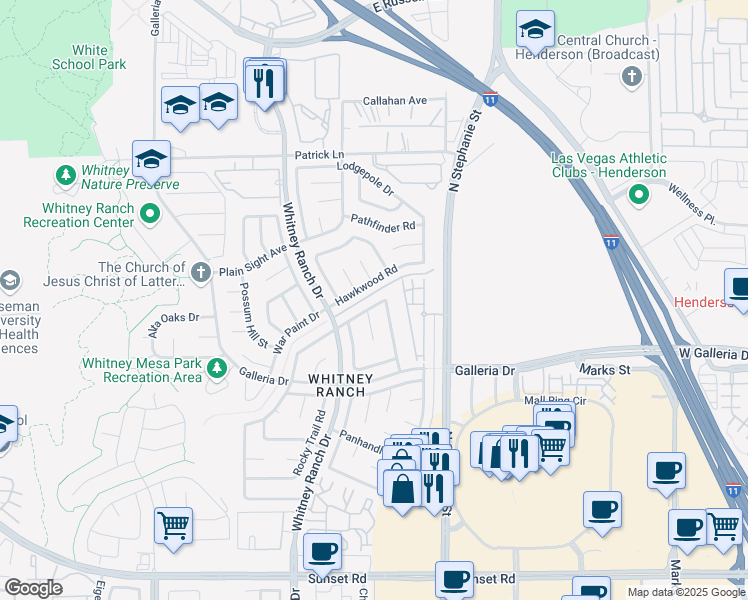 map of restaurants, bars, coffee shops, grocery stores, and more near 1482 La Brea Road in Henderson