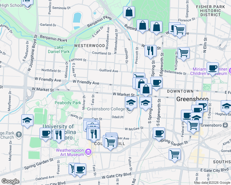 map of restaurants, bars, coffee shops, grocery stores, and more near in Greensboro