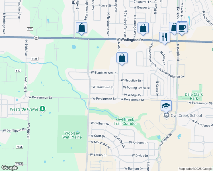map of restaurants, bars, coffee shops, grocery stores, and more near 4720 West Trail Dust Street in Fayetteville