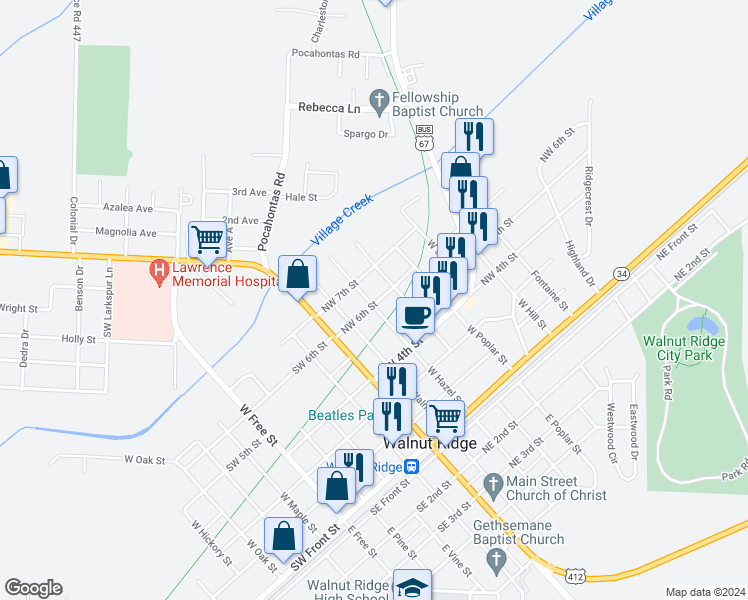 map of restaurants, bars, coffee shops, grocery stores, and more near 606 West Hazel Street in Walnut Ridge