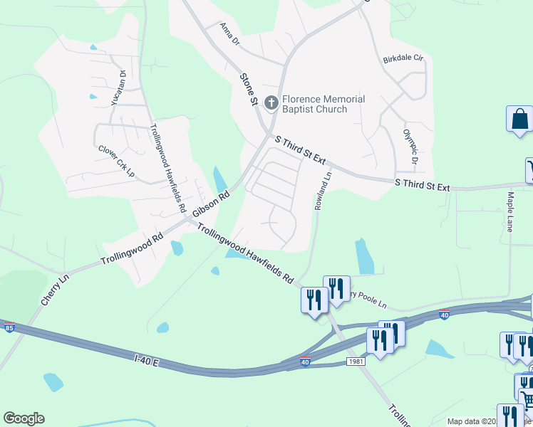 map of restaurants, bars, coffee shops, grocery stores, and more near 1404 Iron Drive in Mebane