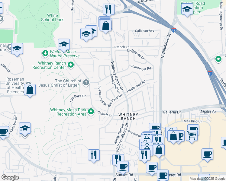 map of restaurants, bars, coffee shops, grocery stores, and more near 910 Squaw Peak Drive in Henderson