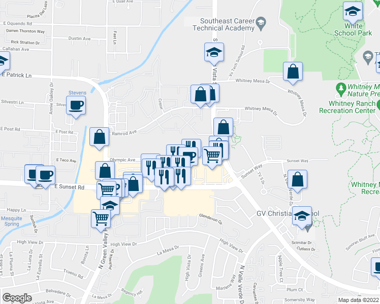 map of restaurants, bars, coffee shops, grocery stores, and more near 2050 Olympic Avenue in Henderson