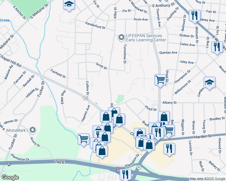 map of restaurants, bars, coffee shops, grocery stores, and more near 1342 Kilby Street in Burlington