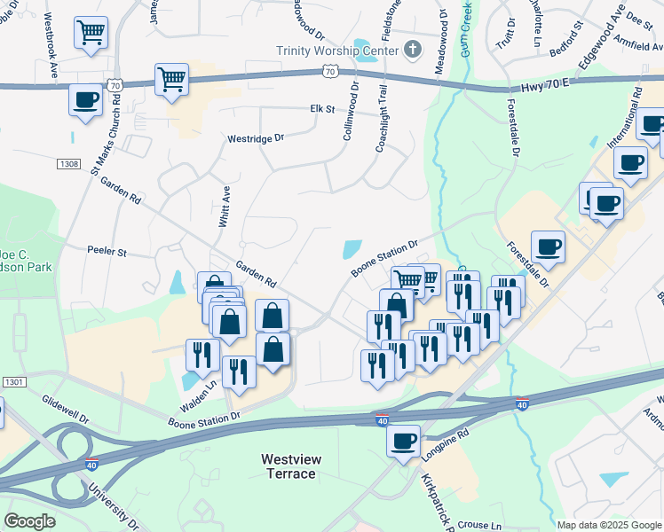 map of restaurants, bars, coffee shops, grocery stores, and more near 791 Boone Station Drive in Burlington