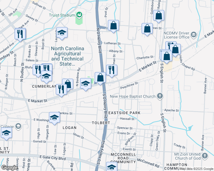 map of restaurants, bars, coffee shops, grocery stores, and more near in Greensboro