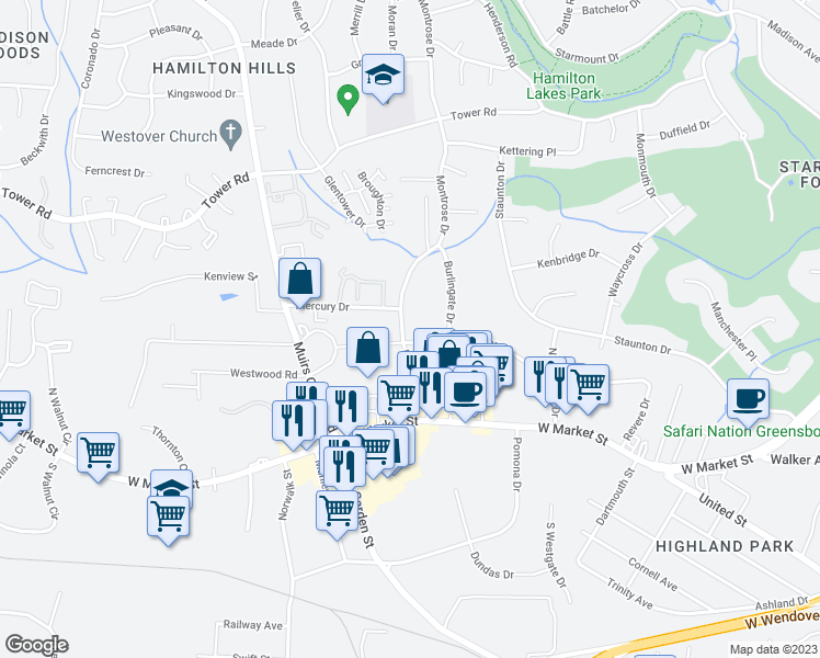 map of restaurants, bars, coffee shops, grocery stores, and more near 303 Montrose Drive in Greensboro