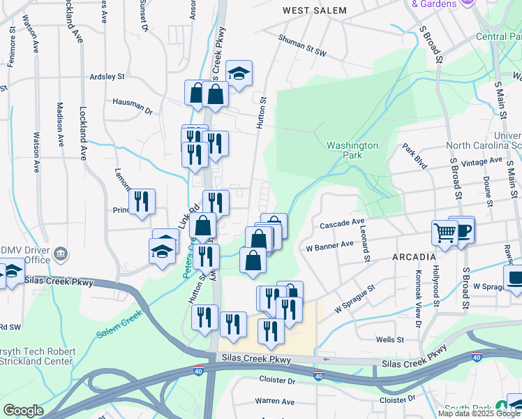 map of restaurants, bars, coffee shops, grocery stores, and more near 1121 Hutton Street in Winston-Salem