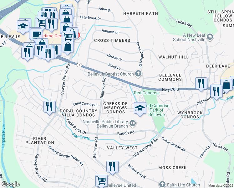 map of restaurants, bars, coffee shops, grocery stores, and more near 7439 U.S. 70S in Nashville