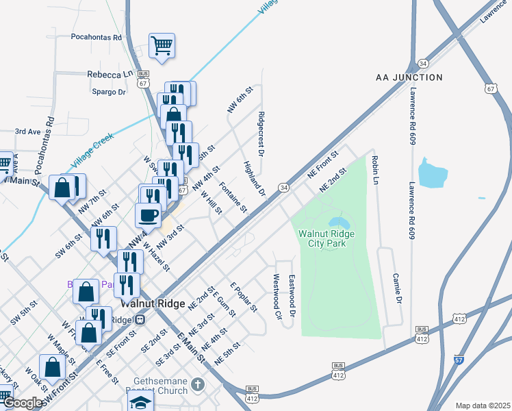 map of restaurants, bars, coffee shops, grocery stores, and more near 807 Northwest Front Street in Walnut Ridge