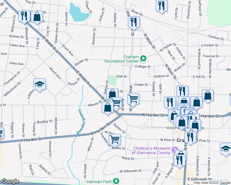 map of restaurants, bars, coffee shops, grocery stores, and more near 516 Poplar Street in Graham