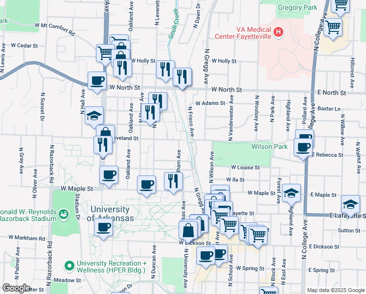 map of restaurants, bars, coffee shops, grocery stores, and more near 638 Whitham Avenue in Fayetteville