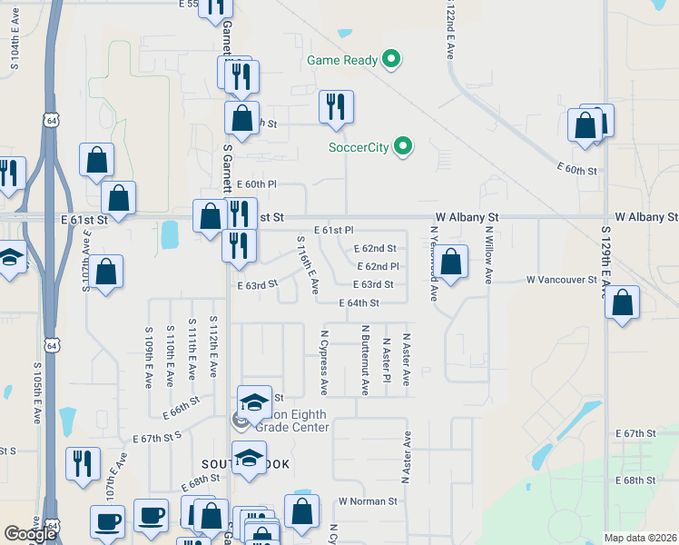 map of restaurants, bars, coffee shops, grocery stores, and more near 6153 South 117th East Avenue in Broken Arrow
