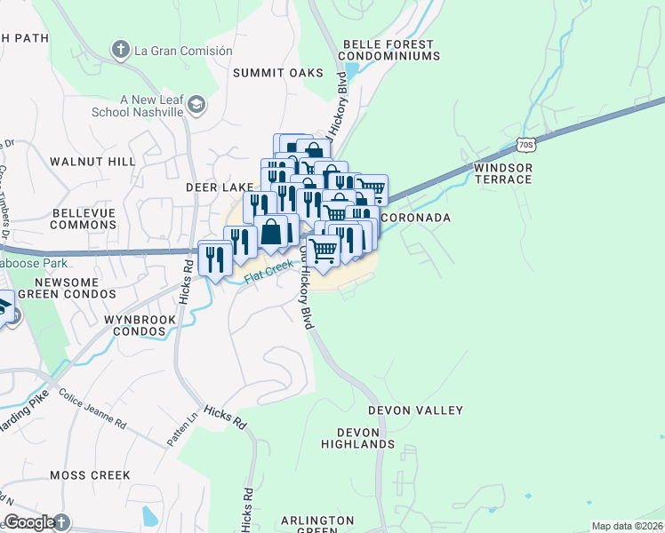 map of restaurants, bars, coffee shops, grocery stores, and more near 7083 U.S. 70S in Nashville