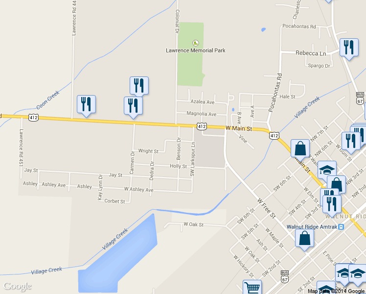 map of restaurants, bars, coffee shops, grocery stores, and more near 1405 Alpine Street in Walnut Ridge