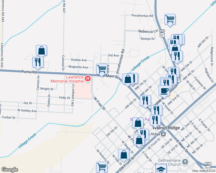 map of restaurants, bars, coffee shops, grocery stores, and more near 101-199 Vine in Walnut Ridge