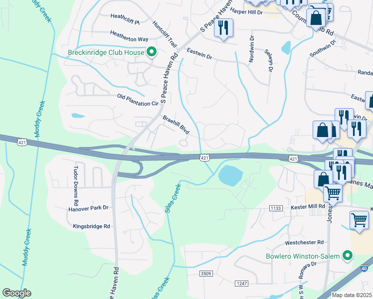 map of restaurants, bars, coffee shops, grocery stores, and more near 390 Meadows Circle in Winston-Salem