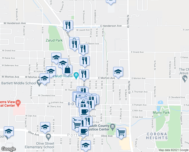 map of restaurants, bars, coffee shops, grocery stores, and more near 415 North 3rd Street in Porterville