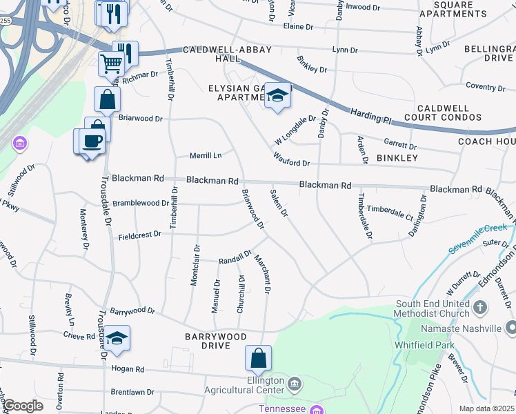 map of restaurants, bars, coffee shops, grocery stores, and more near 4912 Briarwood Drive in Nashville