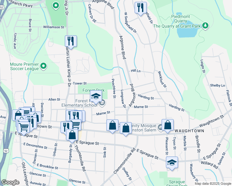 map of restaurants, bars, coffee shops, grocery stores, and more near 1705 Peachtree Street in Winston-Salem