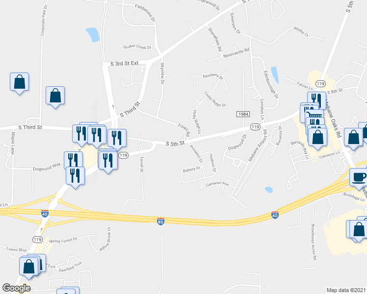 map of restaurants, bars, coffee shops, grocery stores, and more near 1205 South 5th Street in Mebane