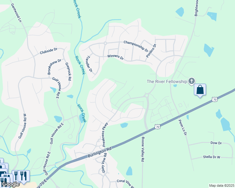 map of restaurants, bars, coffee shops, grocery stores, and more near 689 Palomino Mustang Drive in Whitsett
