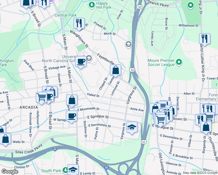 map of restaurants, bars, coffee shops, grocery stores, and more near 1817 Center Street Southeast in Winston-Salem