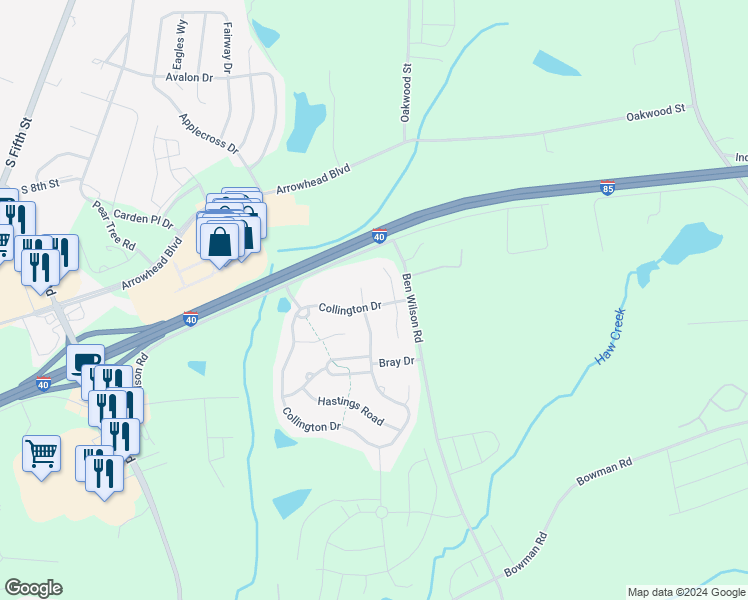 map of restaurants, bars, coffee shops, grocery stores, and more near 208 Collington Drive in Mebane