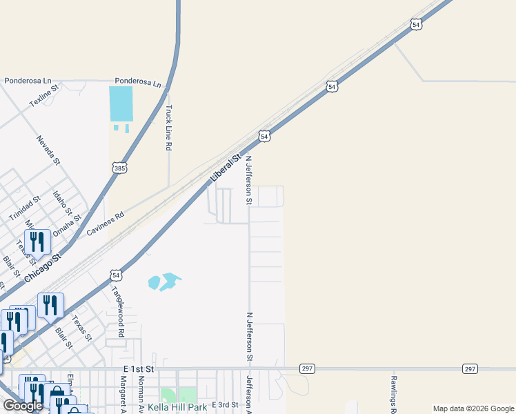 map of restaurants, bars, coffee shops, grocery stores, and more near Chad Lane in Dalhart