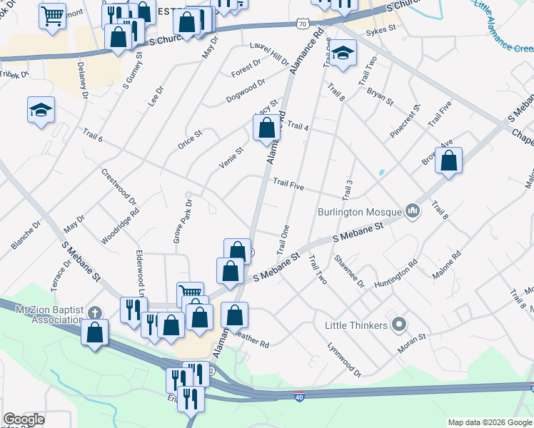 map of restaurants, bars, coffee shops, grocery stores, and more near 507 Alamance Road in Burlington