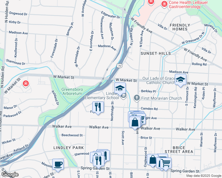 map of restaurants, bars, coffee shops, grocery stores, and more near 110 Northridge Street in Greensboro