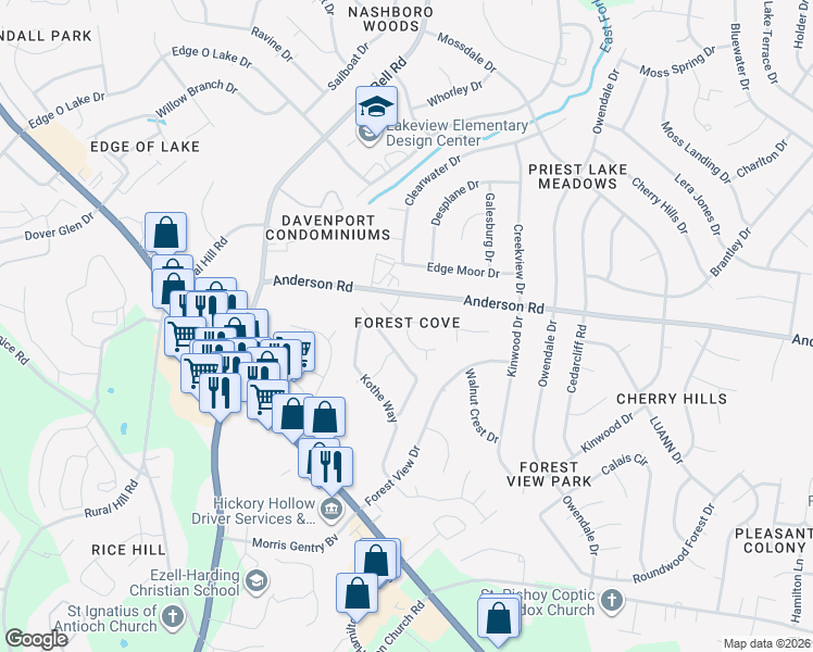 map of restaurants, bars, coffee shops, grocery stores, and more near 1500 Overcreek Drive in Nashville
