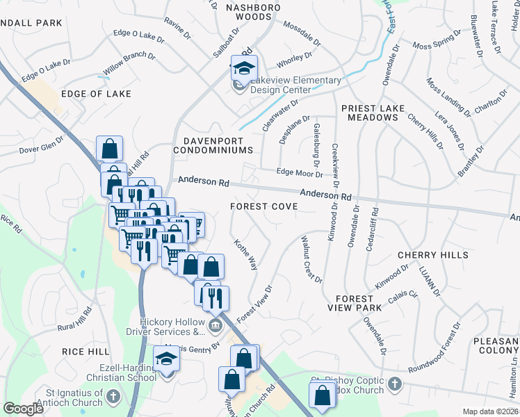 map of restaurants, bars, coffee shops, grocery stores, and more near 1500 Overcreek Drive in Nashville