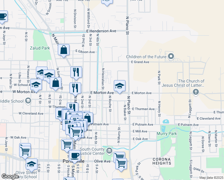 map of restaurants, bars, coffee shops, grocery stores, and more near 266 East Morton Avenue in Porterville